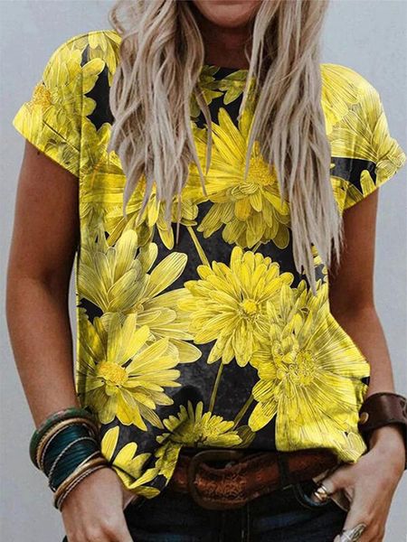 

summer casual short sleeve floral women t-shirt fashion oversized chrysanthemum o-neck pullover loose women's, White