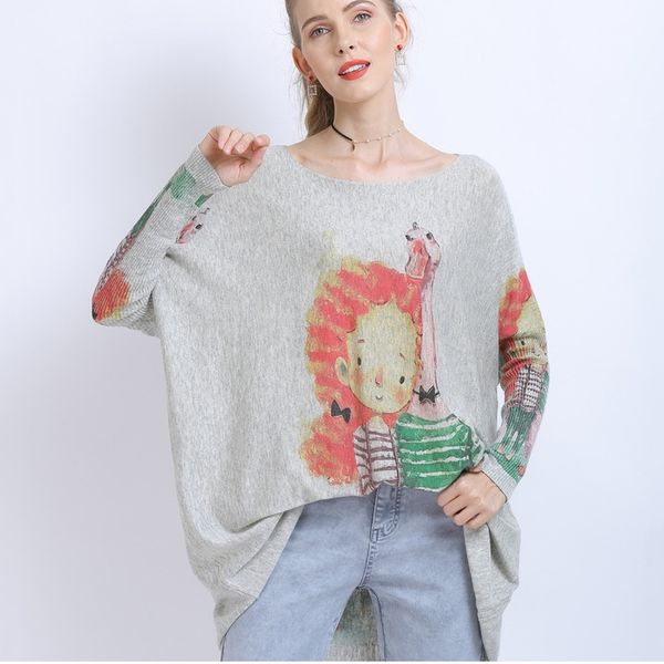 

dresses batwing sleeve oversized women warm long pullovers es girl print jumper casual wool knitted sweaters pull femme, Black;gray