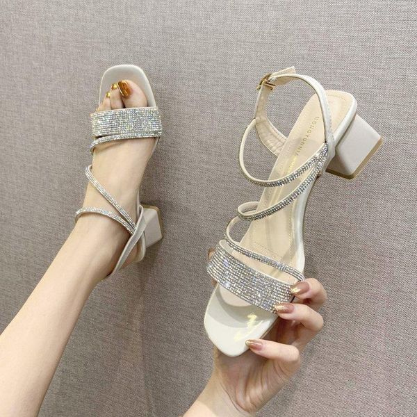 

sandals 2021 summer crystal simple fashion women's women shoes rome high heel square toes ladies zapatillas mujer, Black