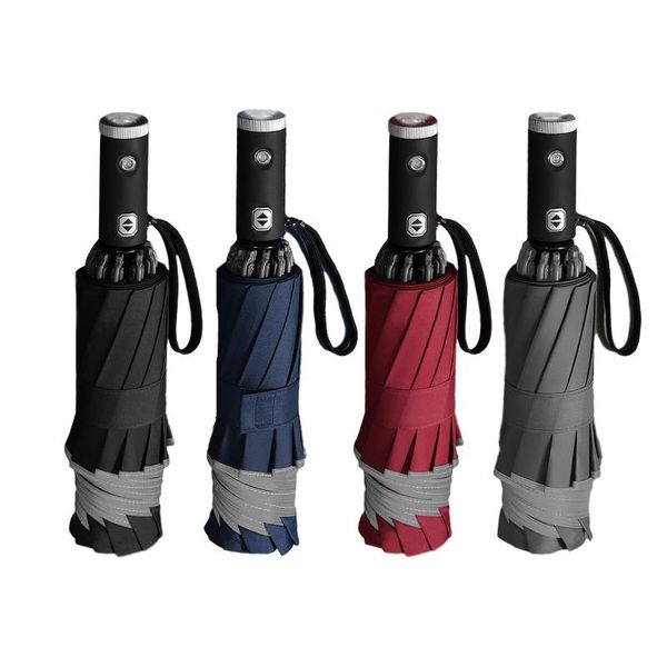 

umbrellas automatic reverse folding umbrella led reflective strip three-fold windproof car business