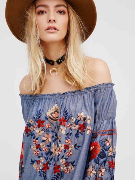 

casual dresses summer flower embroidery off the shoulder slash neck hippie boho people mini denim female vestido vkoz, Black;gray
