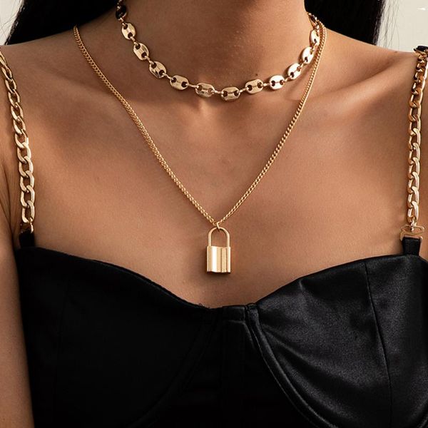 

pendant necklaces vintage punk lock necklace choker neck hip hop gothic pig nose chain for women men couple friends jewelry gift, Silver