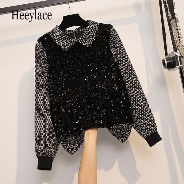 

women's blouses & shirts plus size women long sleeve patchwork sequined blouse 4xl korean casual 2021 fashion female, White