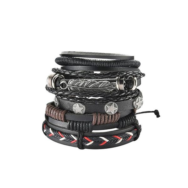 

vintage leaf feather multilayer leather bracelet men fashion braided handmade star rope wrap bracelets & bangles male gift charm, Golden;silver
