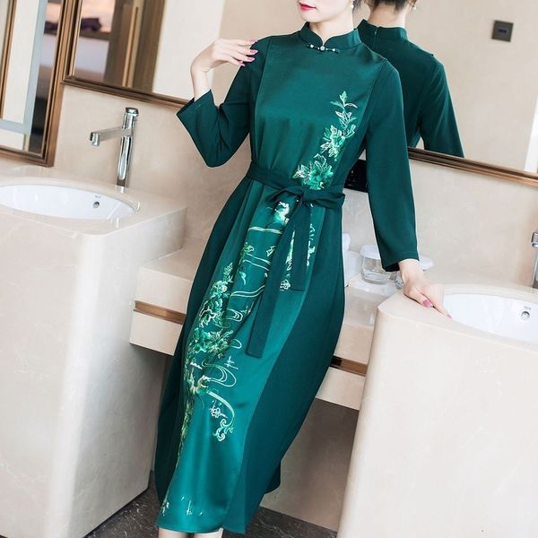

dress vestidos feminino autumn elegant 50s 60s women exquisite embroidery long sleeve mid-calf length vintage green dress, Black;gray