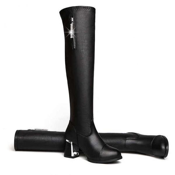 

boots 2021 plus size ladies knee high thick heel shoes women winter zipper buckle belt footwear platform, Black