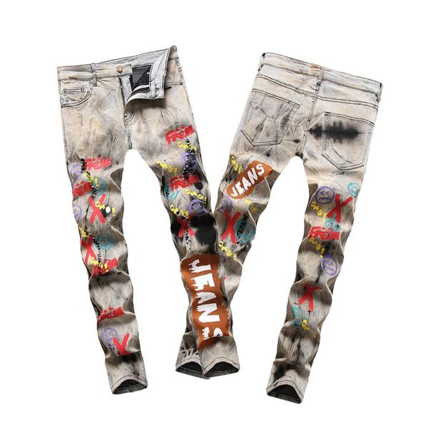 

spring and autumn men's high street trendy jeans multicolor digital english menswear stretch slim pants 2021, Blue