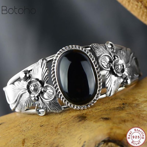 

link, chain 925 sterling silver black onyx stone vintage bangle men women open antique s925 fashion hand jewelry