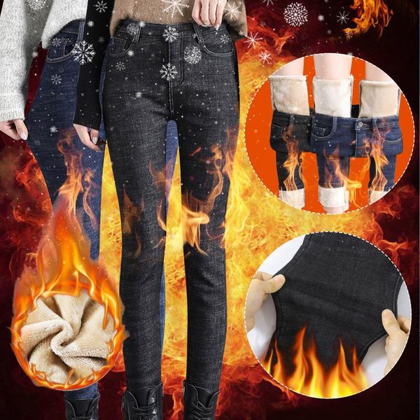 

women's jeans waist straight tube loose pants large size female winter warm plus velvet thickened plush denim trouser, Blue