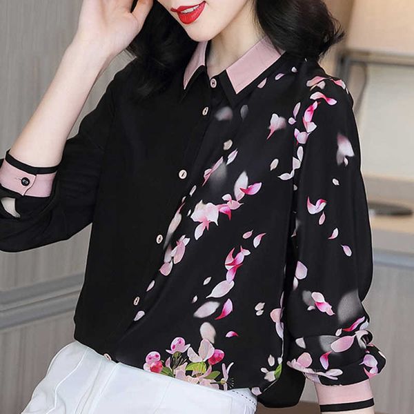 

long sleeve print chiffon blouse shirt blouse women blusas mujer de moda turn down collar office black blouse e185 210602, White