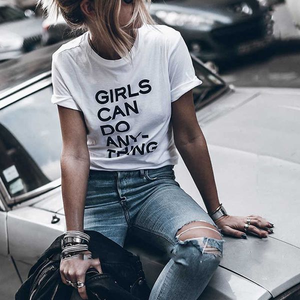 ONSEME Le ragazze possono fare qualsiasi cosa Slogan T-shirt Donna Hipster Lettera Stampa T Shirt Streetwear Tumblr Tshirt Casual Cotton Tees X0628