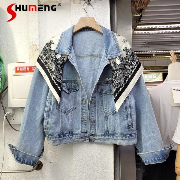 

women's jackets 2021 spring and autumn fashion scarf patchwork denim jacket female loose all-match long-sleeved coats for ladies, Black;brown