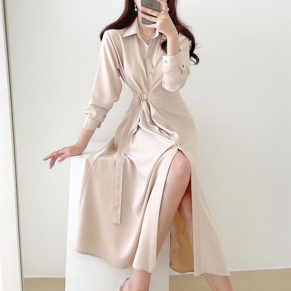 

casual dresses women korean style autumn fashion shirt vintage loose long sleeve midi vestido office lady elegant maxi dress, Black;gray