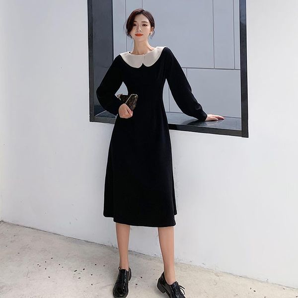 

korean version of the autumn mid-length dress women french hepburn style doll collar long sleeve solid color women's casual dresses, Black;gray