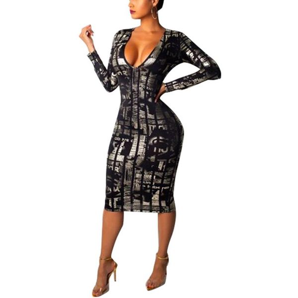 

casual dresses vintage printed bodycon women party dress autumn slim fit long sleeve elegant deep v neck midi vestido, Black;gray