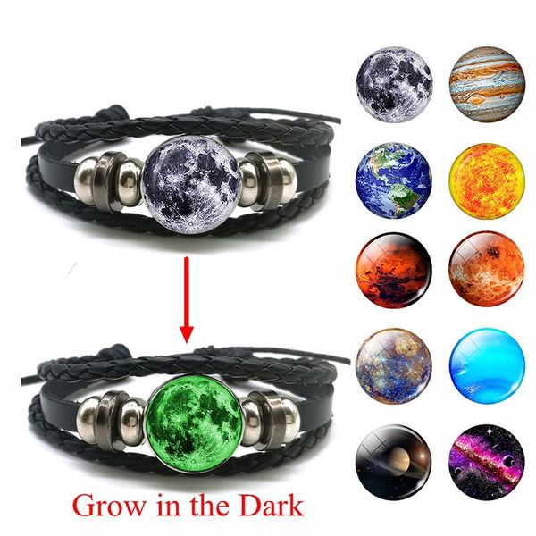 

tennis glow in the dark solar system bracelet moon earth space planet leather charm women men fashion luminous bracelets, Golden;silver