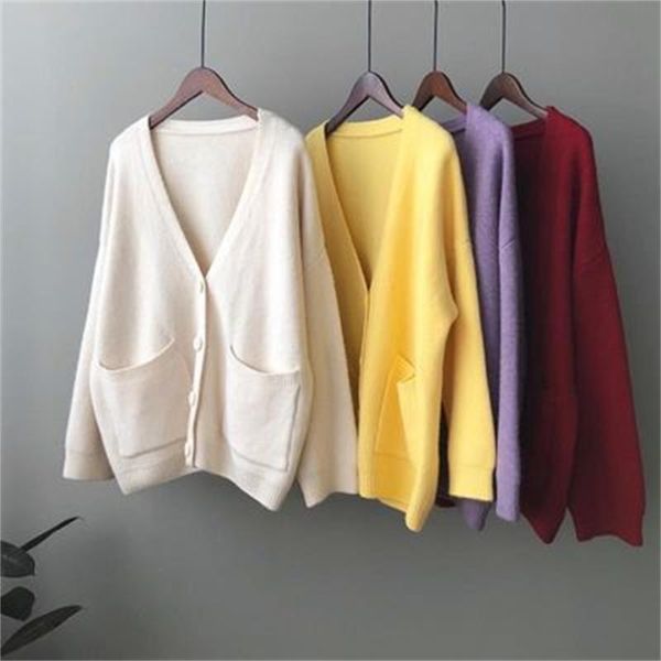 

women's knits & tees 2021 fall winter knit cardigan casual sweater woman long sleeve v-neck pockets loose coats vintage oversized jacke, White