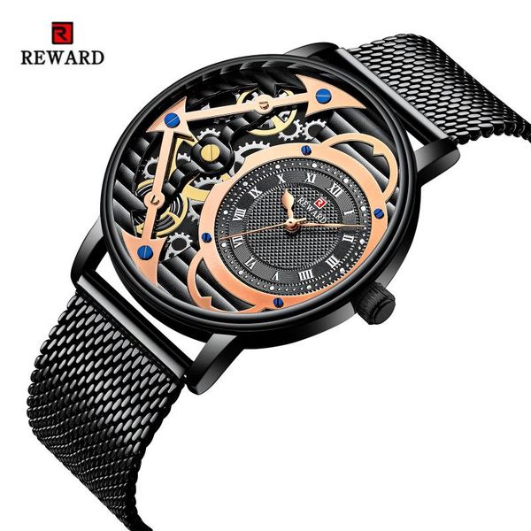 

wristwatches reward men's watch fashion skeleton men waterproof stainless steel male clock relogio masculino, Slivery;brown