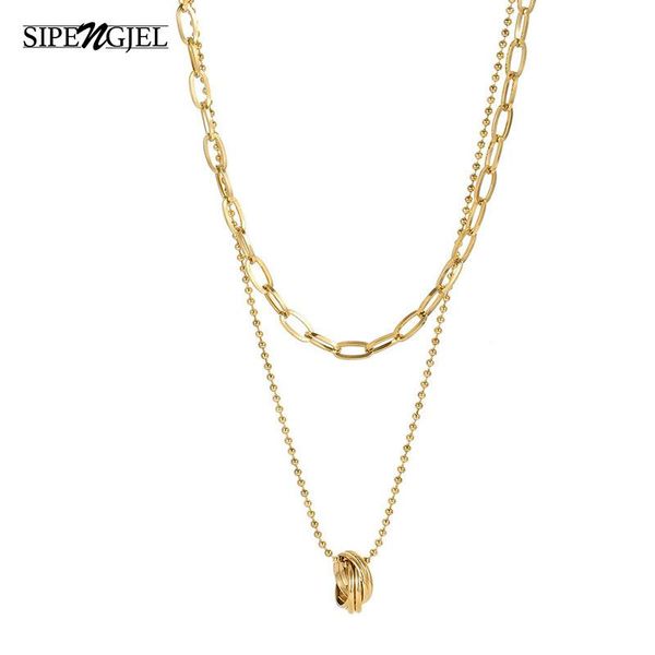 

chains sipengjel titanium stainless steel double layer circle pendant neckalce punk geometric link chain for women gift, Silver