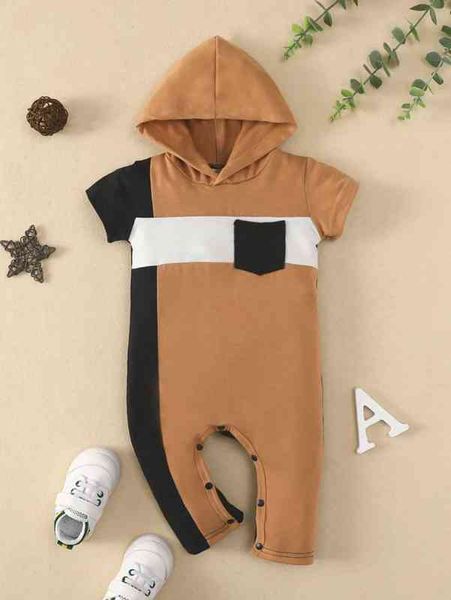 

baby colorblock patched pocket hooded jumpsuit she, Blue