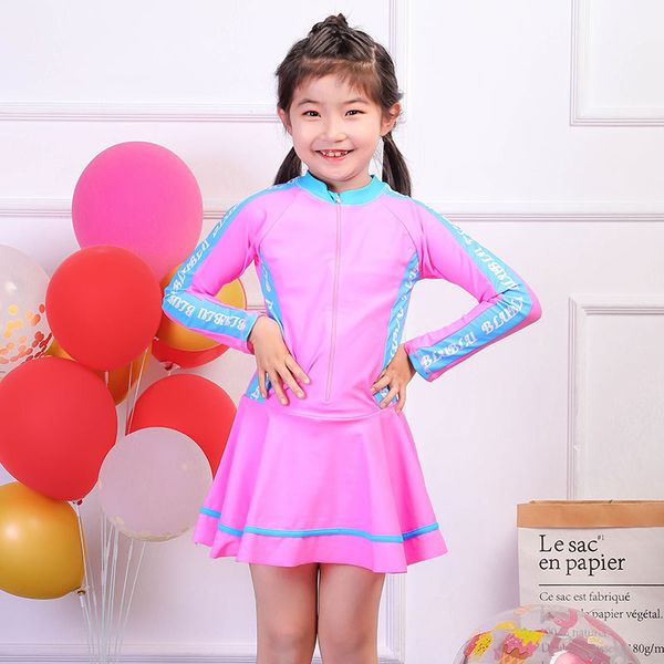 

factorysf6m large sleeve new long swimming class children's one piece skirt sports swimsuit girls' korean style, White;black