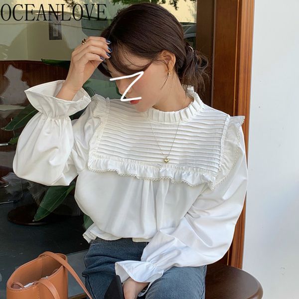 

ruffles pleated korean chic spring vintage flare sleeve blusas mujer solid ins fashion blouses women 19560 210415, White