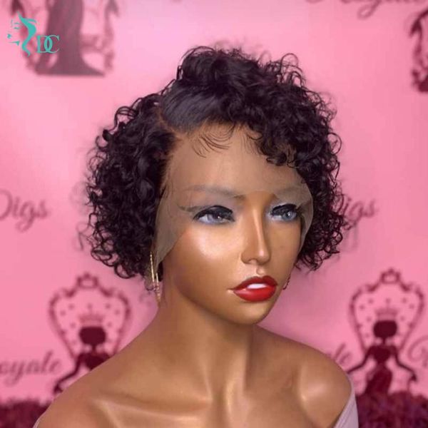 

short pixie cut curly wig t part lace human hair pre plucked bleached knots 180% 13x6x1 bob wigs for black women, Black;brown