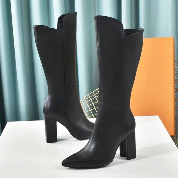 

boots genuine leather knee high women fashion pointy toe chunky heels shoes, Black