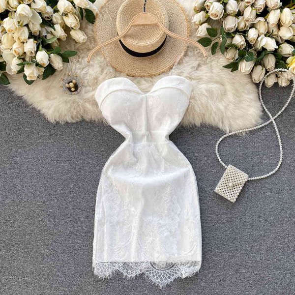 Singreiny Fransız Dantel Kayışı Elbise Kadınlar Seksi V Boyun Kolsuz Backless Beyaz Elbiseler Yaz Kapalı Omuz Ince Parti Kısa Elbise 210419