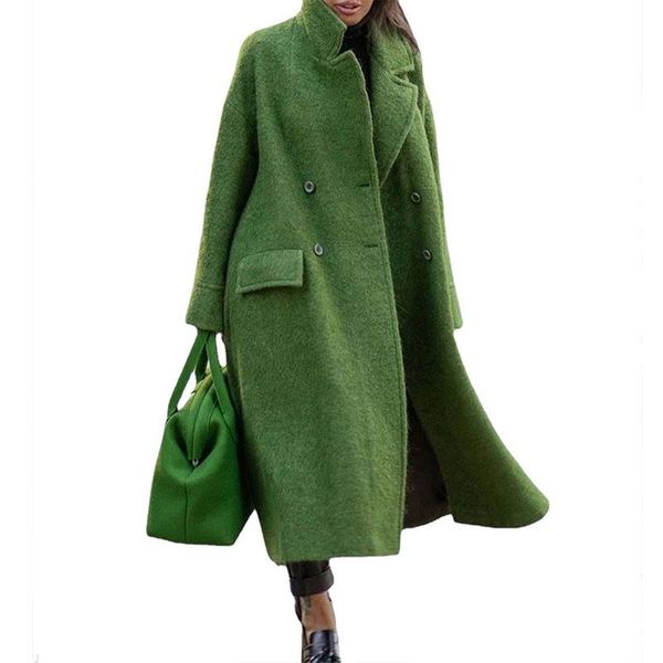 

women's wool & blends donsignet woman trench coat autumn winter long woolen solid color beltless lapel loose green streetwear women, Black