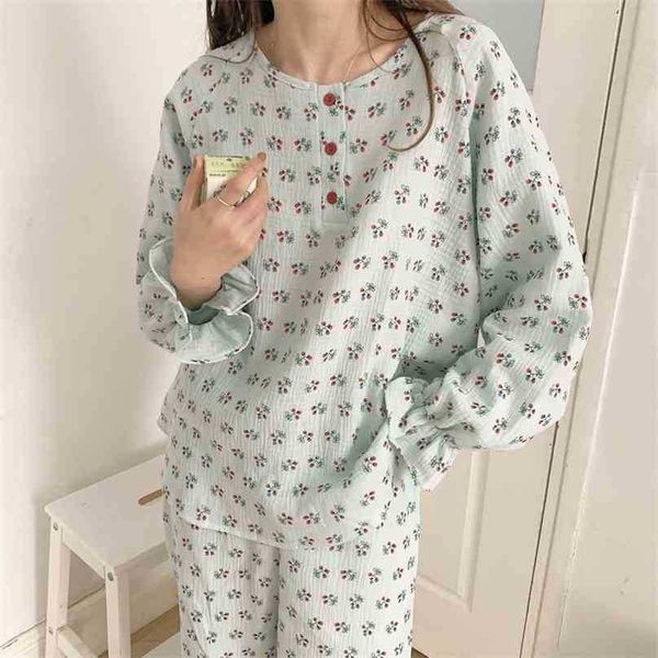 Loose Meninas Impressa Florais Confortável Casa Desgaste Soft Doce Sleepwear All Match Femme Pajamas Sets 210525