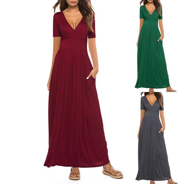 

casual dresses tmale women summer dress basic solid color comfortable loose pocket short sleeve long party clubwear vestidos, Black;gray