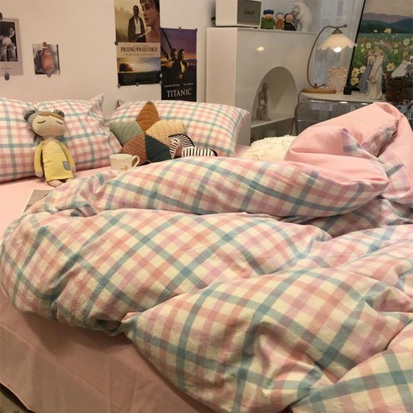 

bedding sets fashion pink blue geometric plaid set girl,cotton twin full  king home textile bed sheet pillow case duvet cover