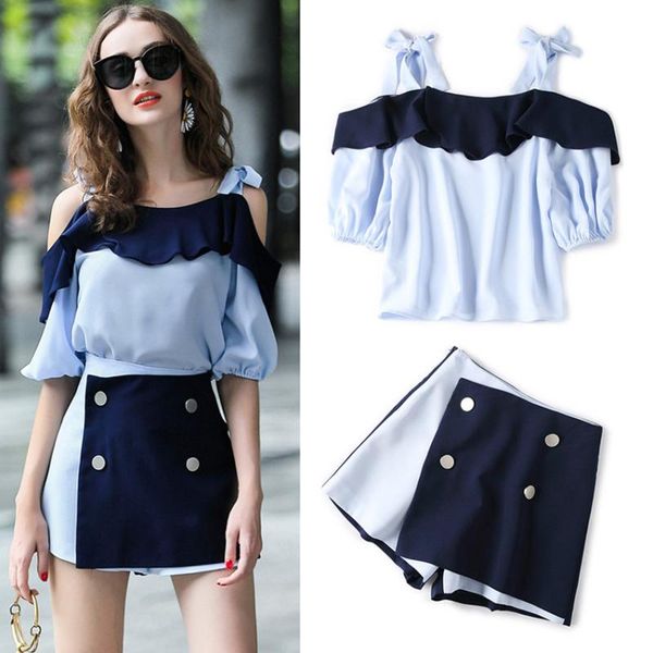 

women's tracksuits 2 summer twill collar ruffled off-shoulder bowknot shirt and patchwork split shorts trousers suit ns682, Gray