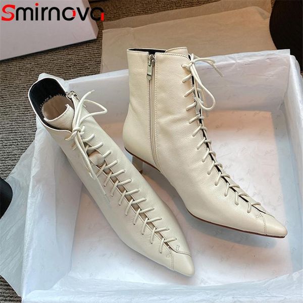 

boots smirnova 2021 fashion brand high heel shoes ladies genuine leather pointed toe zip cross tied classic ankle women, Black