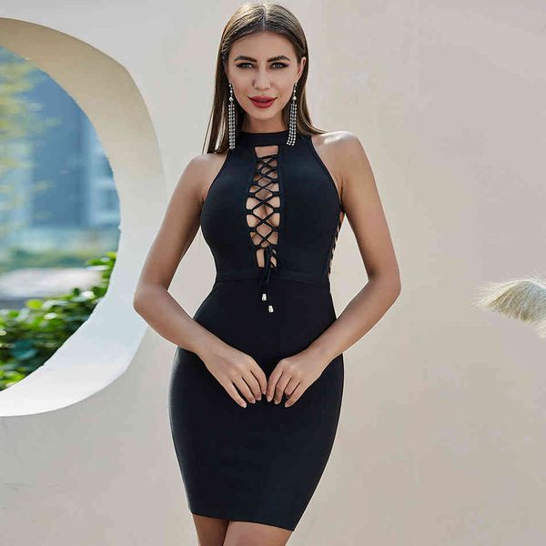 

summer women black sleeveless bandage dress hollow out bodycon mini club celebrity runway party dresses vestidos 210423, Black;gray