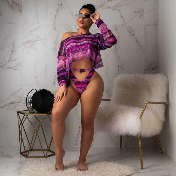 

women's swimwear fashion print long sleeve t-shirt snake three-piece suit, White;black