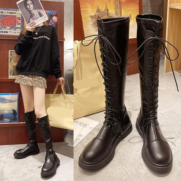 

boots round toe lace up women's autumn boots-women female shoes thigh high heels rubber 2021 rock med ladies over, Black