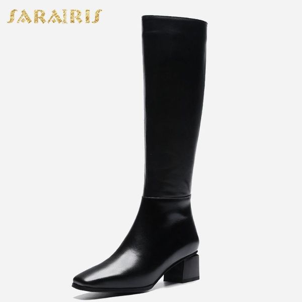 

boots sarairis 2021 brand fashion genuine leather square heels women shoes cow skin riding, Black