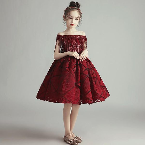 

girl's dresses flower girl dress sequined beading embroidery boat-neck short princess knee-length luxury off the shoulder kids party go, Red;yellow