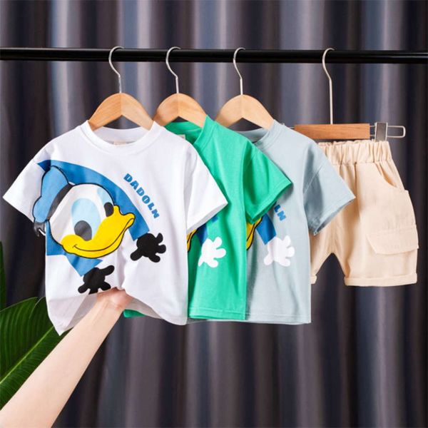 

boys and girls suits boys' summer suit baby short sleeve korean cartoon two piece set 3-5 years old children's thin shorts t-shirt, White