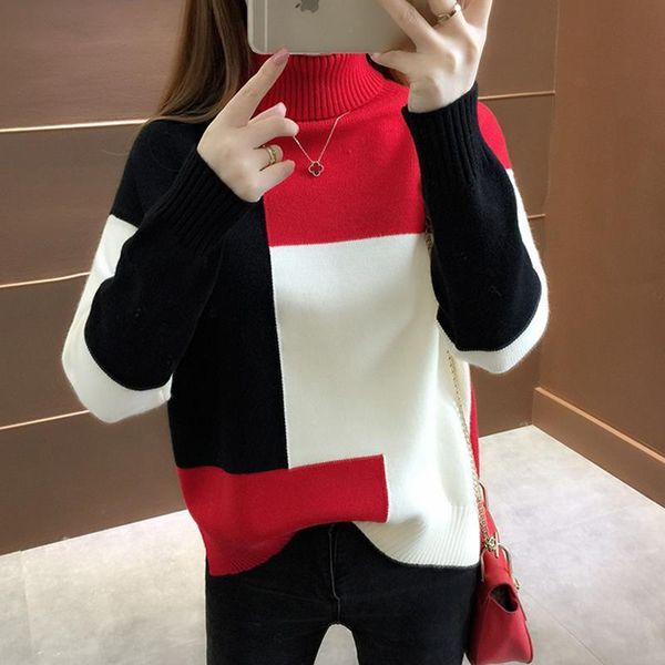 

oversized knitted red patchwork turtleneck womens sweaters winter jumper korean pullover casual clothes warm loose v644, White;black