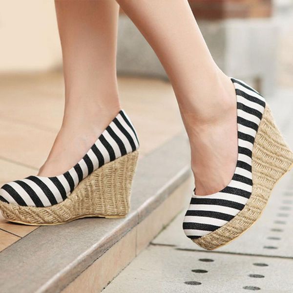 

design high heels slip elegant stripe office lady platform comfortable wedges heeled women shoes pumps dress, Black