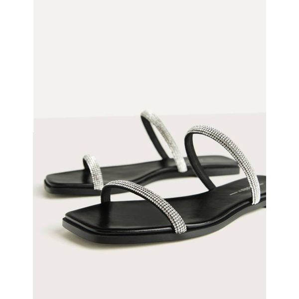 

slippers summer women sandals rhinestone thin belt korean casual flat open-toed lightweight non-slip, Black