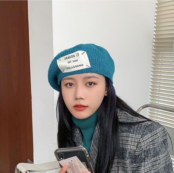 

design british retro woolen women's berets haps caps dmlm030a fashion new autumn and winter knitted painter hat, Blue;gray