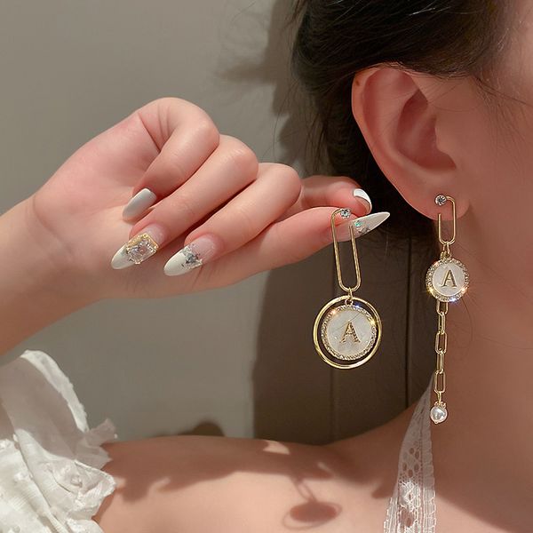 

gold letter a asymmetric drop earrings for women korean japan trendy rhinestone earrings round geometric metal jewelry, Silver