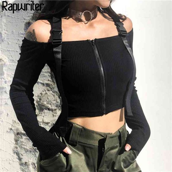 

off shoulder plastic button patchwork crop t-shirt women streetwear long sleeve black feminina 210510, White