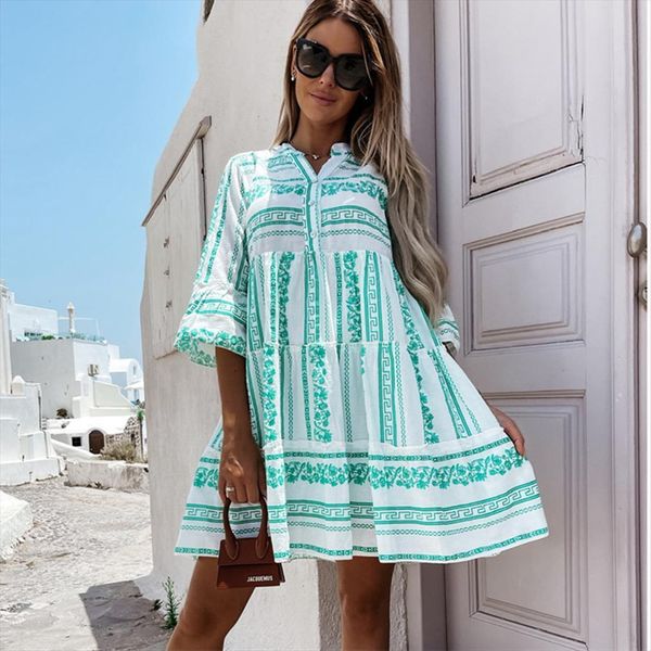 

summer stripe print ruffle womens dress casual v neck high waist green mini dresses autumn fashion ladies loose boho style, Black;gray