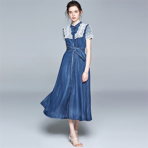 

women long denim summer dress fashion lace up blue es short sleeve patchwork big swing female vestidos 210520, Black;gray