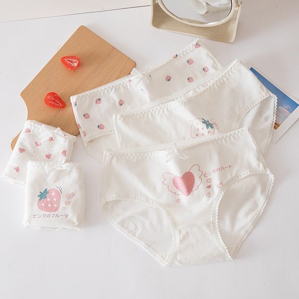 

women's panties strawberry pattern girls cute printed intimate plus size cotton breathable underwear, Black;pink